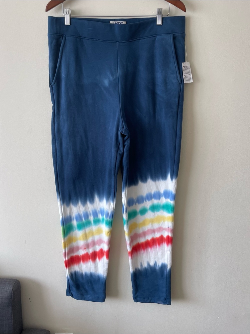 Lands’ End Serious Sweats Ankle Sweatpants Rainbow Navy Blue Tie Dye size M